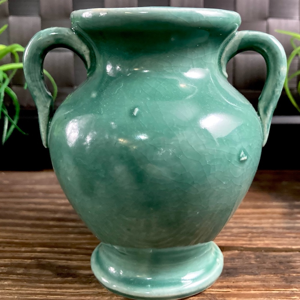 Rare Mid Century Vintage Japanese Art Pottery Double Handle Celadon Urn